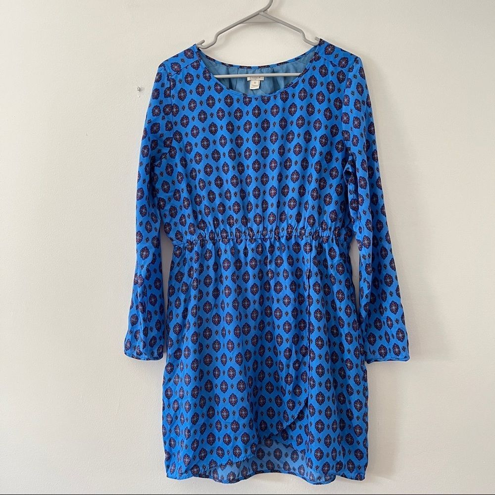 J. Crew Blue Long-Sleeve Patterned Dress